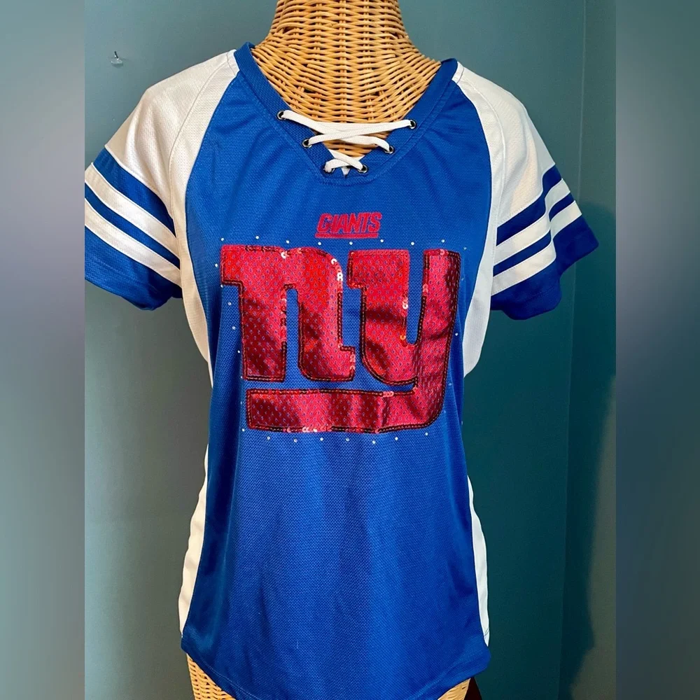 Majestic New York Giants Women’s Lace Front Sequin Top Red Blue White Size Large